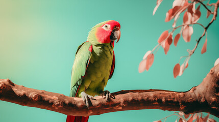 Vibrant green parrot perched on a branch with pink leaves against a blue background.