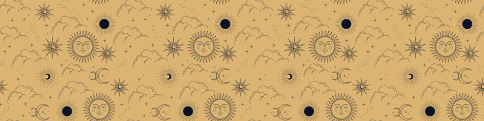 Vector magic seamless pattern with constellations, sun, moon, magic eyes, clouds and stars. Mystical esoteric background for design of fabric, packaging, phone case and your design. Vector EPS 10 - obrazy, fototapety, plakaty
