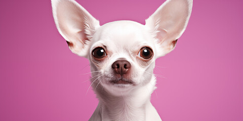 Obraz premium Small white chihuahua sitting on a pink background.
