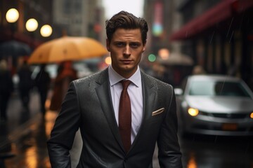 Businessman wearing Suit in Rainy City