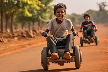 Children Racing on Metal Carts in a Sunny Street