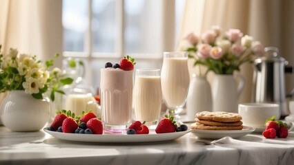 Fototapeta na wymiar milkshake juice with yogurt with strawberries and blueberries food background photo