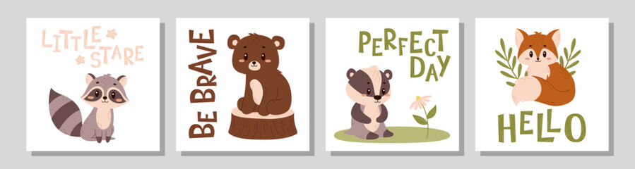 Set of vector cute hand-drawn posters with animals