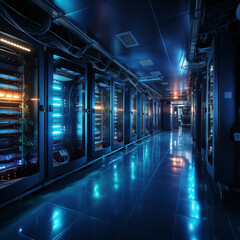 Panoramic view of a server room with glowing LEDs: Highlights the technological infrastructure - obrazy, fototapety, plakaty