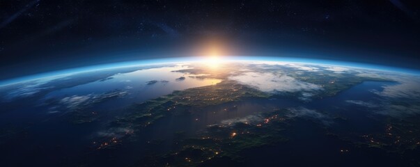 sunrise over earth in space illustration - obrazy, fototapety, plakaty