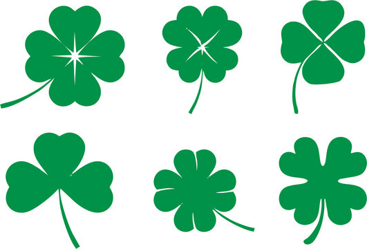 Set of multiple style three and four leaf clovers in high HD resolution on white background. Clover as symbol of st. Patrick, faith, hope, love, and luck. Poster, banner idea for media and web.