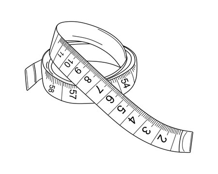 recommend clip art: Hand drawn tailor's tape measure. Sketch of sewing tool of dressmaker isolated on white background. Tailor measuring tape, item for tailoring, needlework in doodle style. Vector illustration