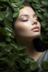 Close-up on a woman's face with smooth and perfectly cared for skin with fresh green leaves next to it, advertising photo from the cosmetics and beauty industry