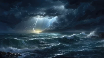 Raamstickers storm over the sea at night © ahmudz