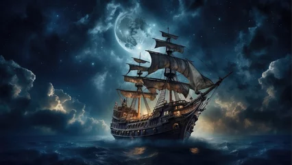 Fototapete pirate ghost ship in the ocean at night in the storm © ahmudz