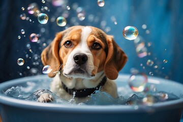 a cute beagle dog puppy taking a bubble bath. Soap bubbles. Pet. Animal. Blue background.