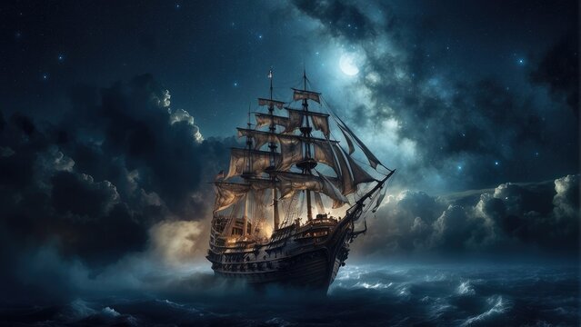 pirate ghost ship in the ocean at night in the storm
