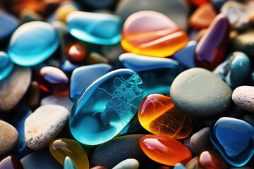 Natural polish textured sea glass and stones on the seashore - obrazy, fototapety, plakaty