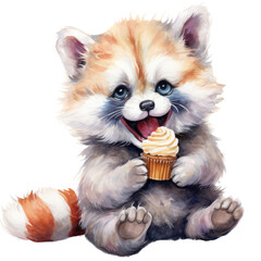 Raccoon holding a cupcake. Watercolor. Transparent background. - obrazy, fototapety, plakaty
