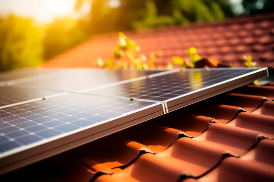 Installation Solar Panels On Roof. Close Up, Blurred Background. Green Energy And Money Savings Concept