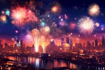 Fototapeta na wymiar Multi-colored fireworks against the backdrop of the night city.