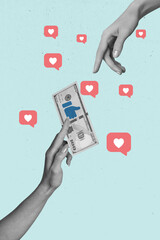 Vertical 3d collage creative template humans hand touch arm point fingers like money renaissance...