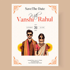 Traditional Royal Wedding Invitation card design with Bride and Groom illustration cool and modern