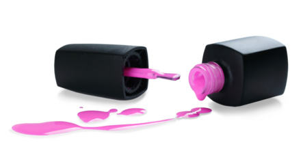 Cosmetic nail polish bottle with brush and blots, on white background, cosmetic concept