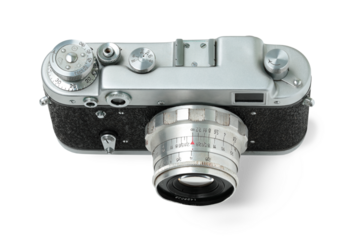 Retro photo camera isolated on white background, top view, retro things concept