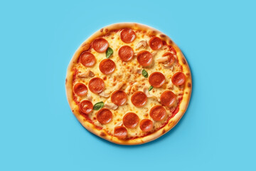 Cooked pizza with pepperoni on a blue background close-up, top view.