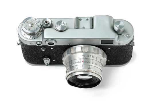 Retro photo camera isolated on white background, top view, retro things concept