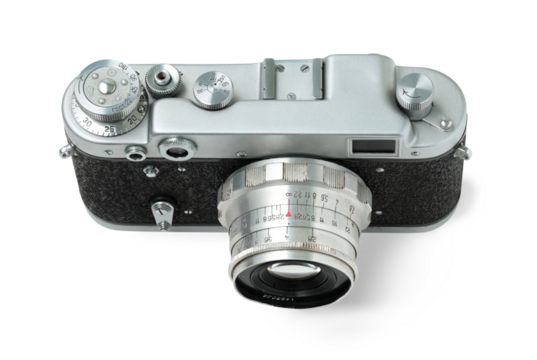 Retro photo camera isolated on white background, top view, retro things concept