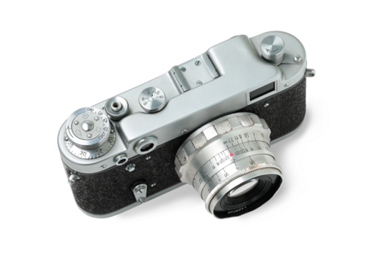 Retro photo camera isolated on white background, top view, retro things concept