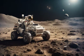 Fotobehang astronaut driving a lunar rover vehicle on the moon © Prinxe