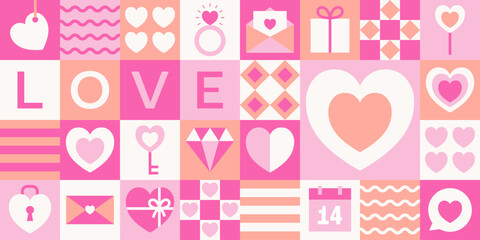 Abstract geometric Valentine's day pattern with simple elements and shapes. Cute modern background. Vector illustration