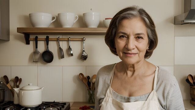 
Mujer mayor, anciana, sonriente en una cocina casera, irradiando calidez y tradici&oacute;n culinaria. Retrato encantador que captura la esencia de la cocina tradicional de nuestras  abuelas o madres.  