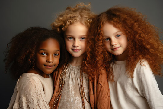 tres niñas de distintas razas, posando sobre fondo gris
