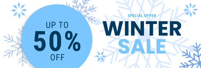 Winter sale banner. Snowflake background for shopping sale, special offer. Promo banner, shopping website template. Vector illustration