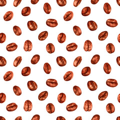 Seamless pattern of coffee beans. Aroma of Robusta and Arabica varieties. Design for fabric, textile, wrapping paper, wallpaper, harvest. Coffee day. Illustration with watercolor and marker. Hand art
