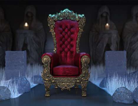 A 3d rendered background image with a fantasy interior with majestic statues and a red throne 