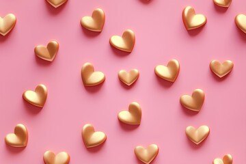 A heartwarming pattern of 3D golden hearts on a pastel pink background, perfect for themes of love, Valentine's Day, and romantic decorations. Seamless, repeatable texture.