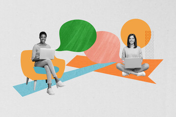 Image collage sketch of two happy cheerful people girls writing sms letter online communication isolated in drawing background