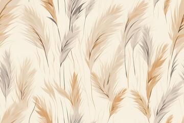 Elegant seamless pattern of pampas grass in neutral tones on a beige background, perfect for sophisticated wallpapers and chic textile designs. Repeatable texture.