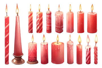 赤いクリスマスのキャンドルの水彩イラストの素材セット