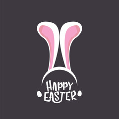 Vector happy easter greeting card with white easter bunny funky mask with rabbit ears and easter text isolated on grey background.