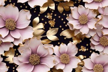 Luxurious pattern featuring pink flowers with golden accents and scattered golden particles against a dark background, perfect for elegant wallpaper.