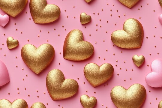A heartwarming pattern of 3D golden hearts on a pastel pink background, perfect for themes of love, Valentine's Day, and romantic decorations. Seamless, repeatable texture.