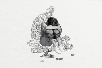 Sketch collage image of sad upset girl sitting suffering loneliness isolated in drawing background