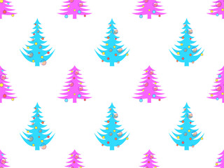 Obraz premium Decorated Christmas trees seamless pattern in 80s style. Christmas tree decorated in geometric style. Festive design for greeting cards, invitations and banners. Vector illustration