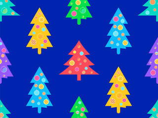 Obraz premium Decorated Christmas trees seamless pattern in 80s style. Christmas tree decorated in geometric style. Festive design for greeting cards, invitations and banners. Vector illustration