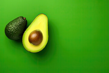 top view sliced avocado on green background
