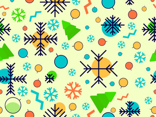 Christmas seamless pattern with geometric shapes in 80s Memphis style. Christmas pattern with fir trees, Christmas decorations and geometric shapes for wrappers and banners. Vector illustration