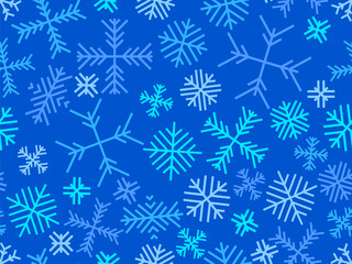 Snowflakes seamless pattern. Winter background with geometric snowflakes of different shapes and colors. Christmas and New Year design for wrapper, banner and poster. Vector illustration