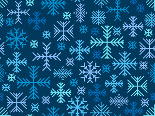 Snowflakes seamless pattern. Winter background with geometric snowflakes of different shapes and colors. Christmas and New Year design for wrapper, banner and poster. Vector illustration