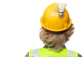 Back view caucasian blonde man construction industrial worker wear yellow hard hat safety vast....